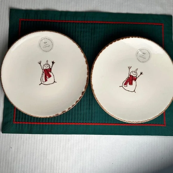 Made in Portugal Snowman Appetizer Plates Set of 2 White Red 8.25in Ceramic - Picture 2 of 8